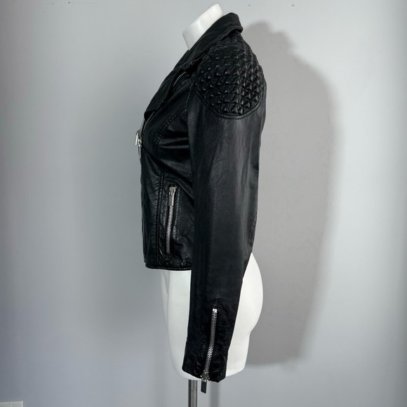 Mango Textured Panel Genuine Leather Biker Jacket Black XS Quilted Shoulder Moto - Picture 7 of 16